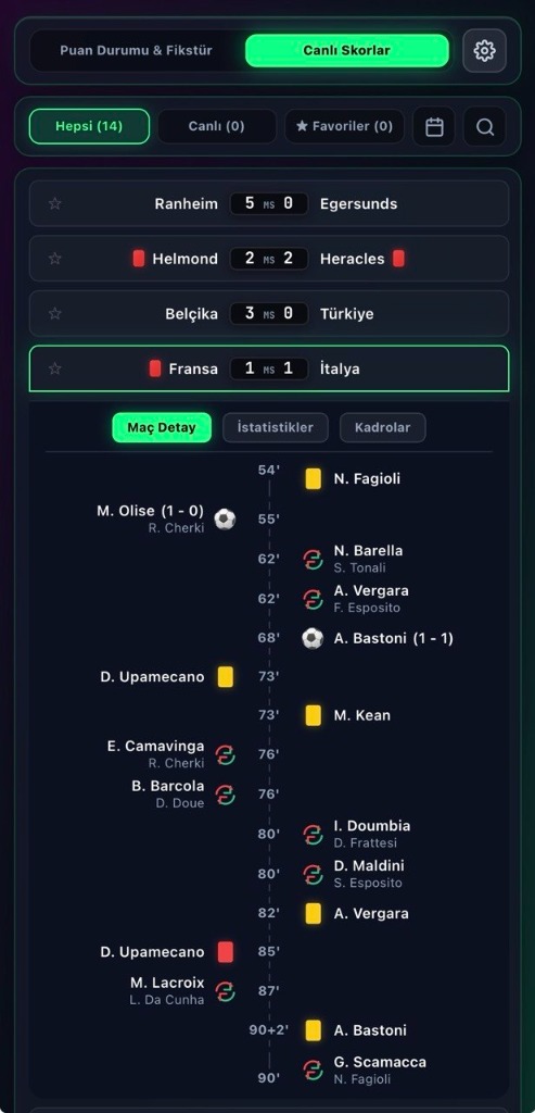 JustScore saf, reklamsız canlı skor arayüzü